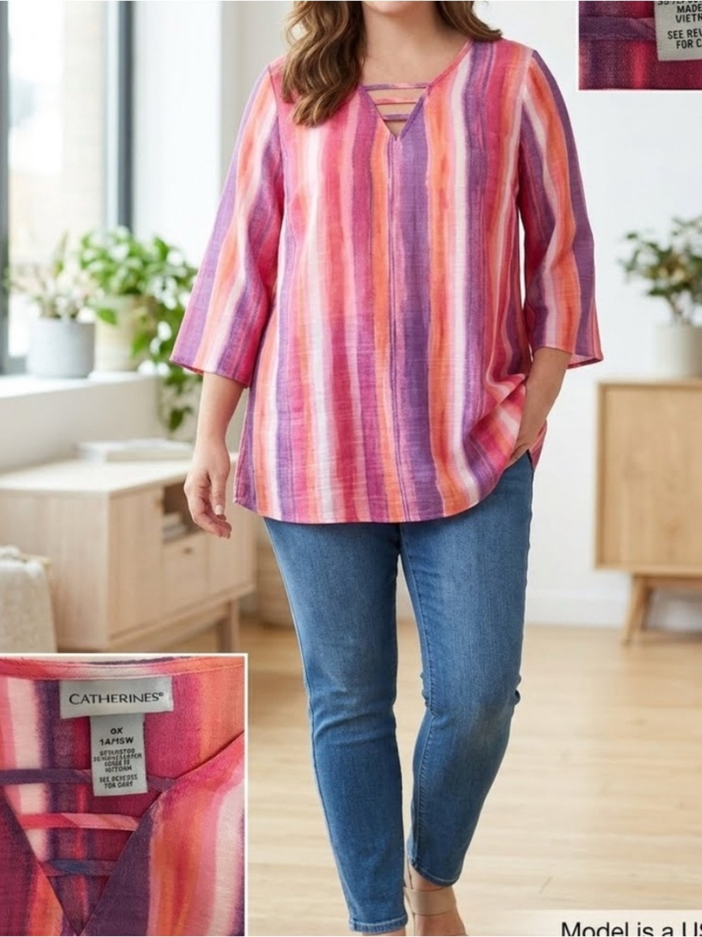 Catherines Stripe Pink Orange Purple V-Neck Lightweight Tunic Top Shirt OX 14/16